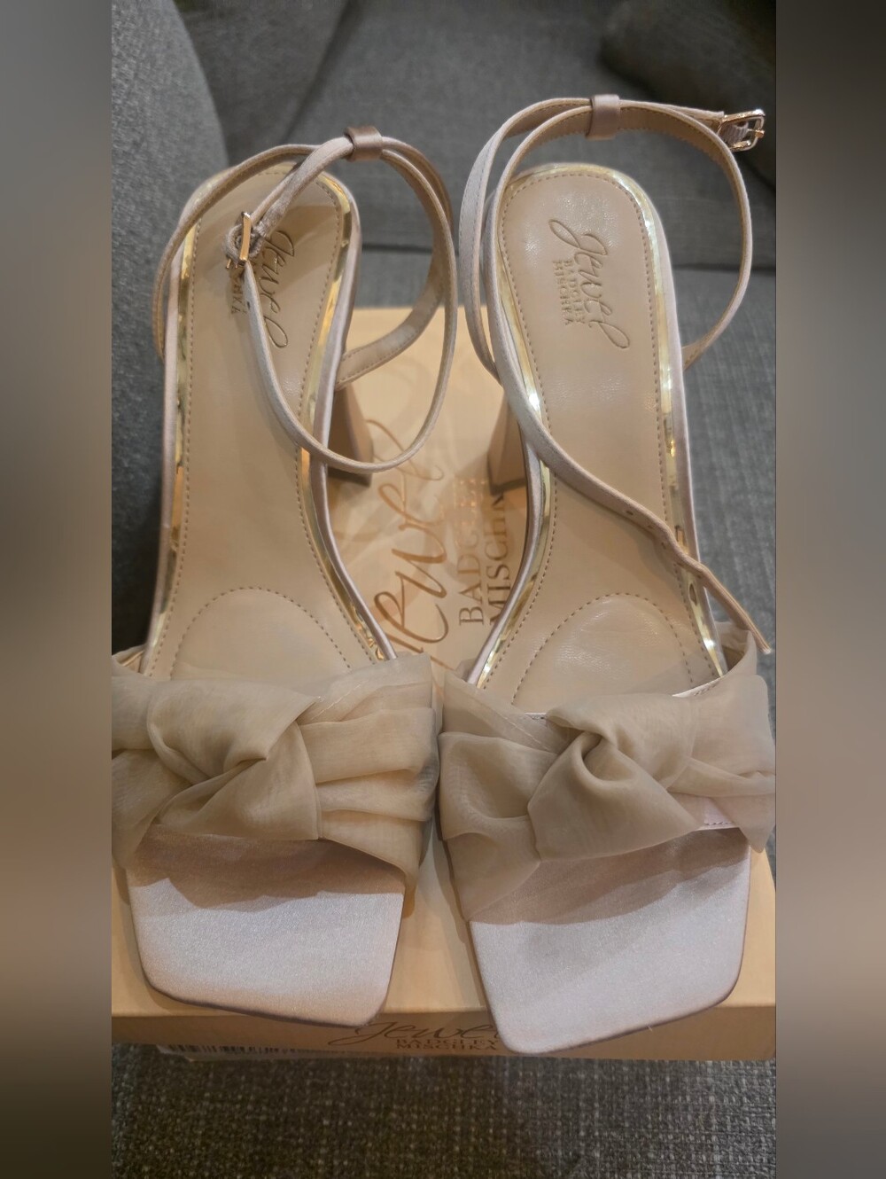 Badgley Mischka Champagne Satin Bow Ankle-Strap Heels-Fayola